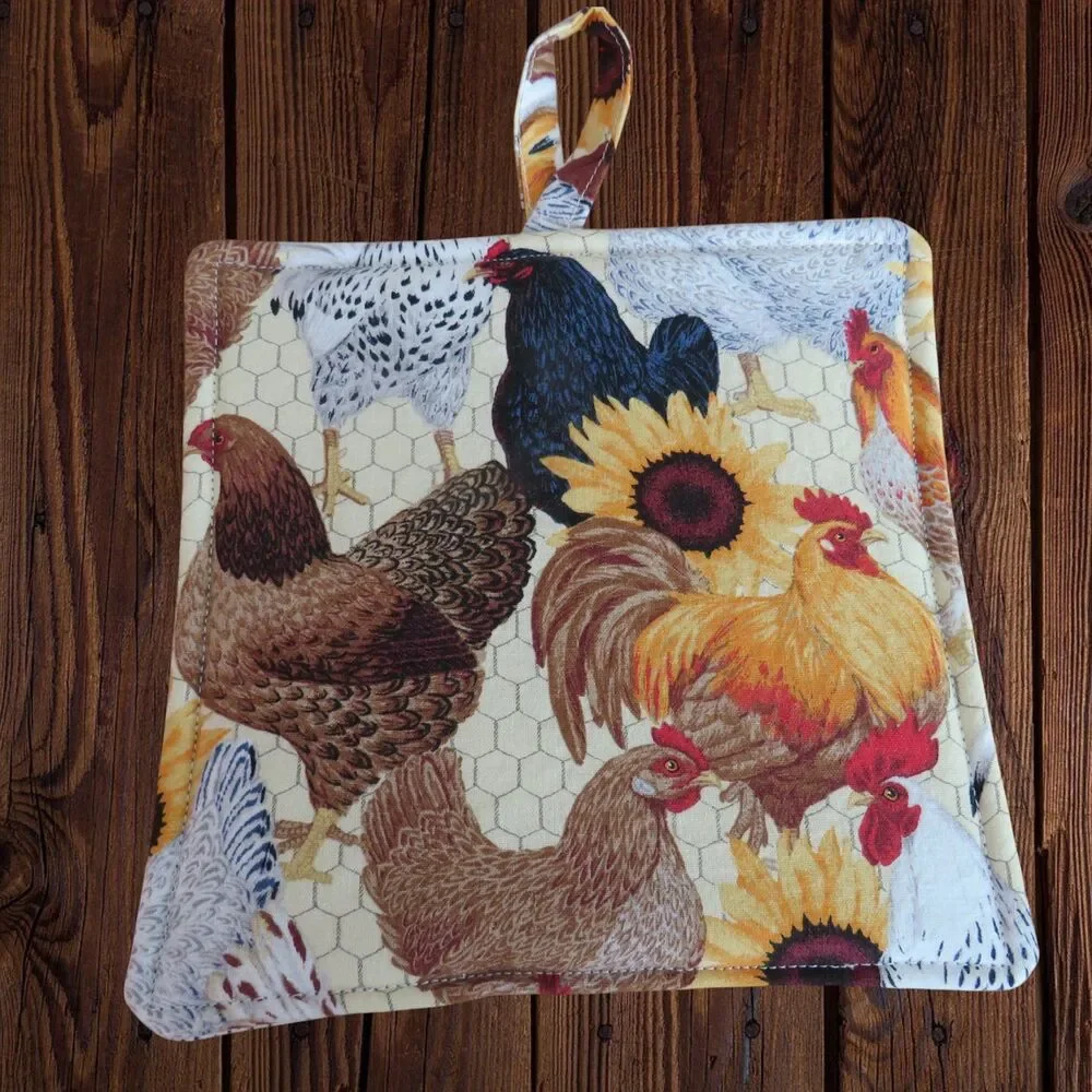 Handmade Potholder, Chicken With Sunflower
